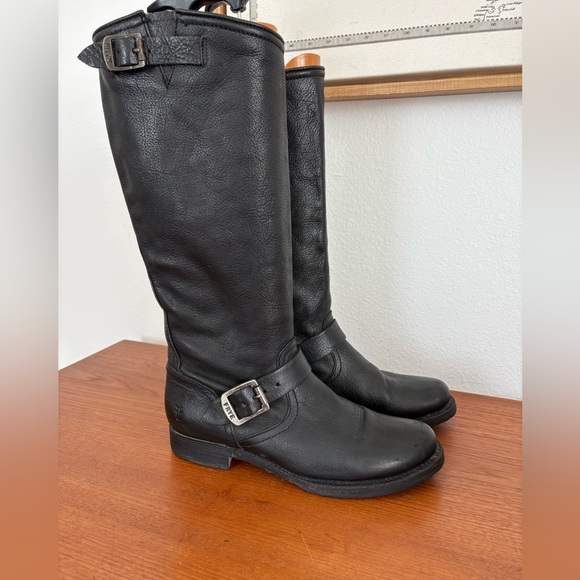 Frye Veronica Slouch Tall Riding Boots size 8.5 B Leather Buckle Biker - Picture 1 of 11